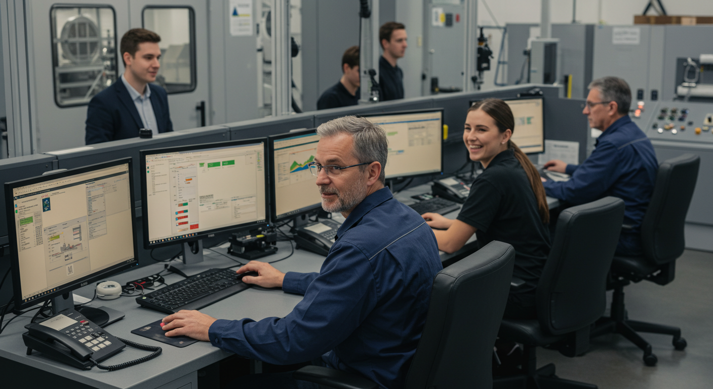 Manufacturing control room Team working at computer workstations monitoring manufacturing systems or network infrastructure.